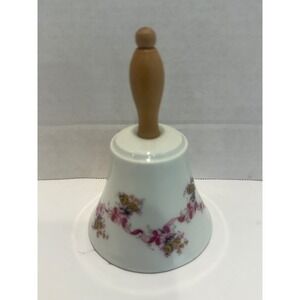 Limoges France Porcelain Dinner Bell Floral Ribbon Wood Handle White Pink Vtg
